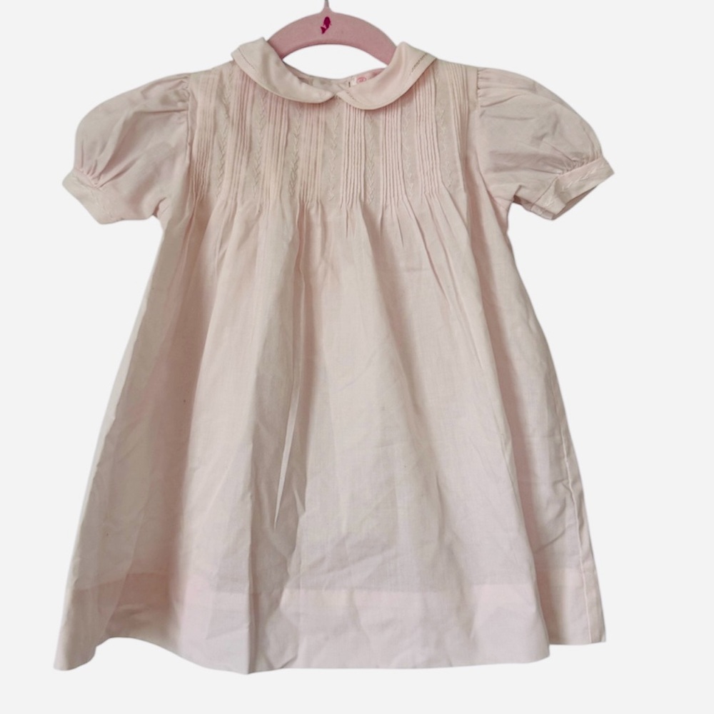 Petit Ami Pink Hand Embroidered Smocked Puff Sleeve Peter Pan Collar Dress 3 mon